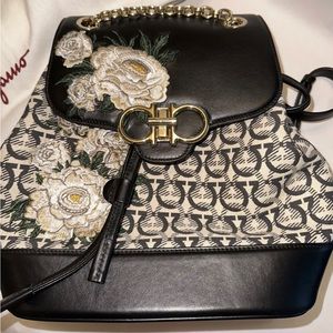 Salvatore Ferragamo Flap Drawstring Backpack Gancini Jacquard and Floral Leather